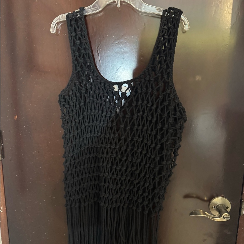 Black Crochet Fringe Tank Top